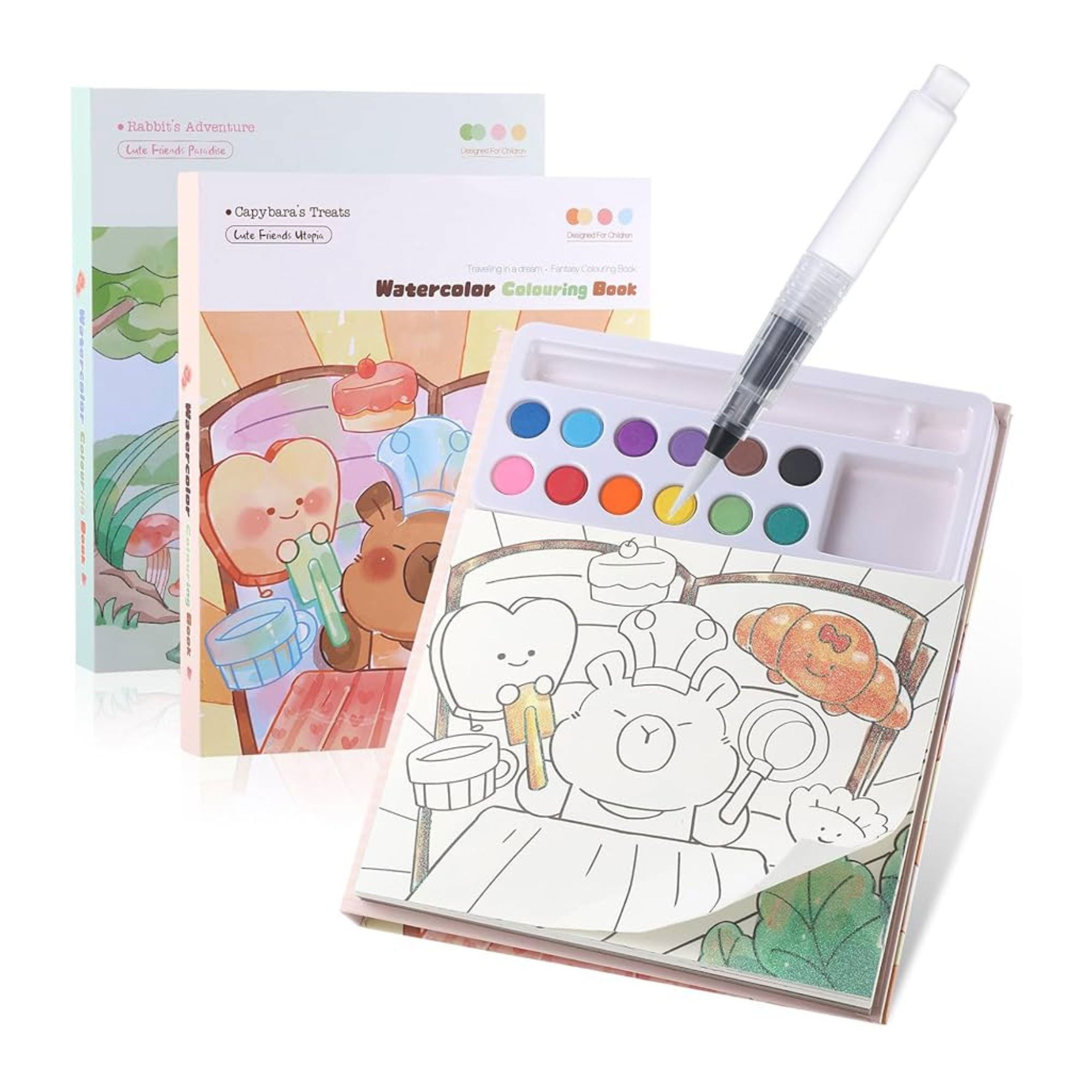 Set Carte de Colorat cu Acuarela, Flippy, Model Capibara, 20 Foi de Carton 200 gr, 12 Culori, 1 Pensula, 15.7 x 18.8 x 1.8 cm, Maro [8]