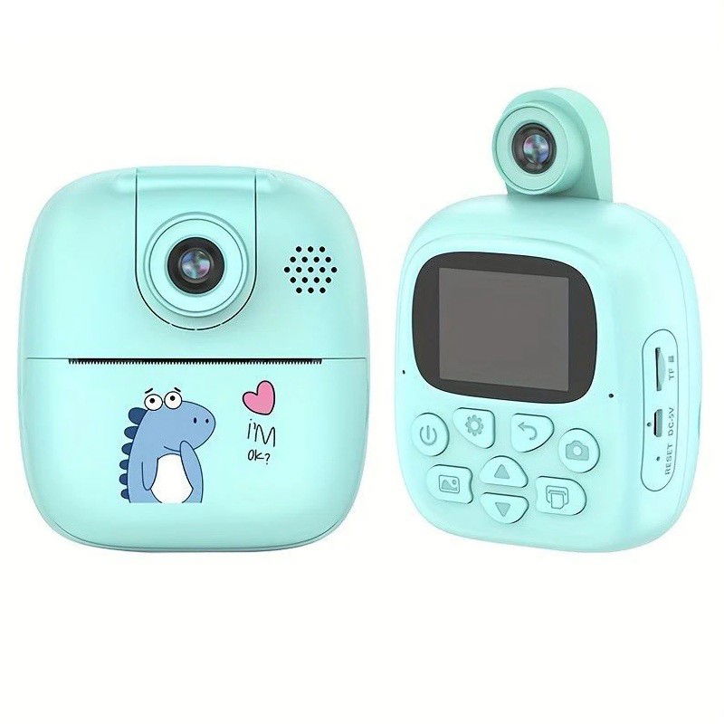 Jucarii si Jocuri - Set Camera Instantanee pentru Copii, Flippy, Camera 180° Selfie, Ecran HD 2'', 24MP, 720P Video, 1200 mAh, cu Functie de Printare Alb-Negru, cablu USB-C, Bluetooth, Compatibil iOS/Android, I