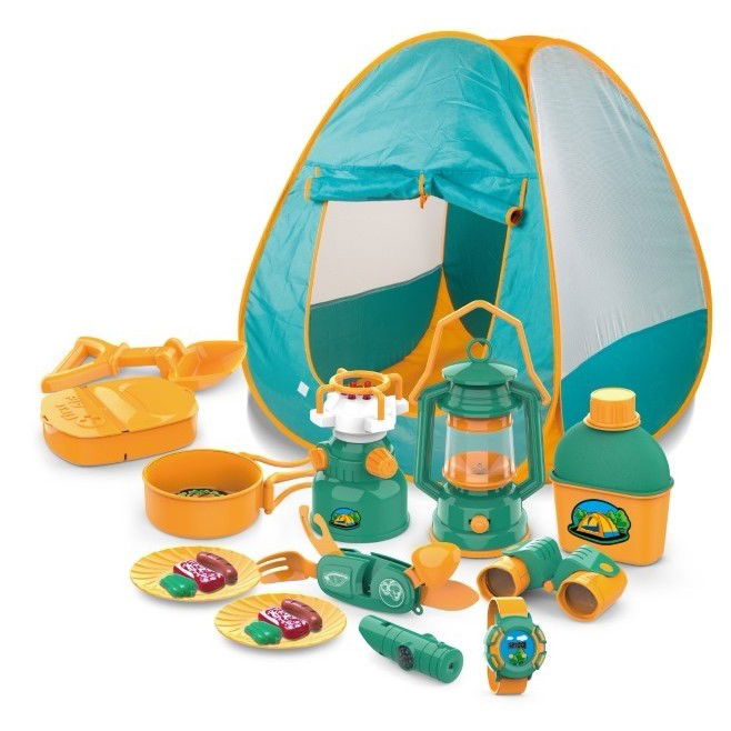 Jucarii - Set camping exterior/interior pentru copii, 7 accesorii cu tematica si cort, multicolor