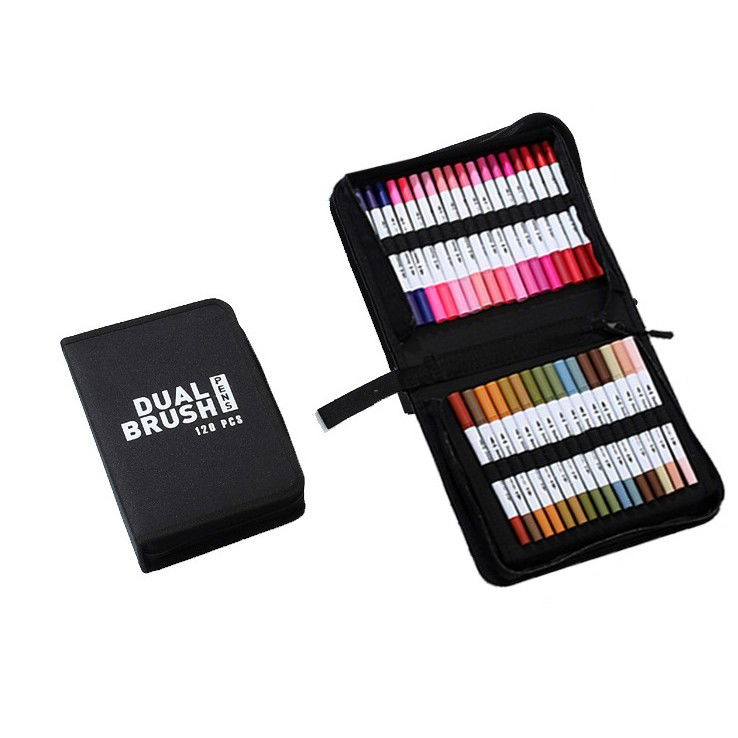 Markere si Set Desen - Set Carioci pe Baza de Apa, Flippy, 2 in 1, pentru Pictura, Caligrafie, 120 Culori, Penar Negru, Corp Carioca Alb, 27.5 x 19.5 x 8 cm, Multicolor