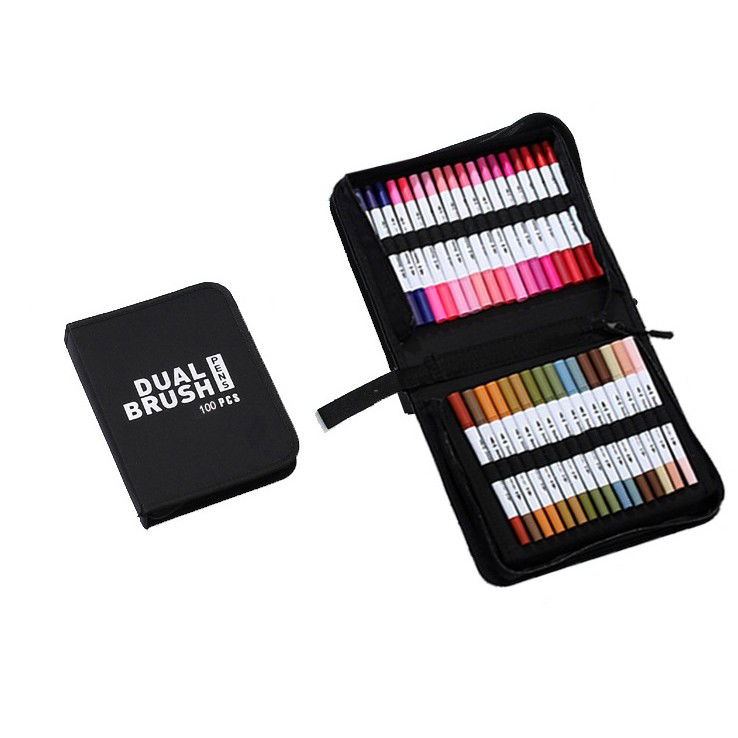 Markere si Set Desen - Set Carioci pe Baza de Apa, Flippy, 2 in 1, pentru Pictura, Caligrafie, 100 Culori, Penar Negru, Corp Carioca Alb, 23.5 x 19.5 x 7.5 cm, Multicolor