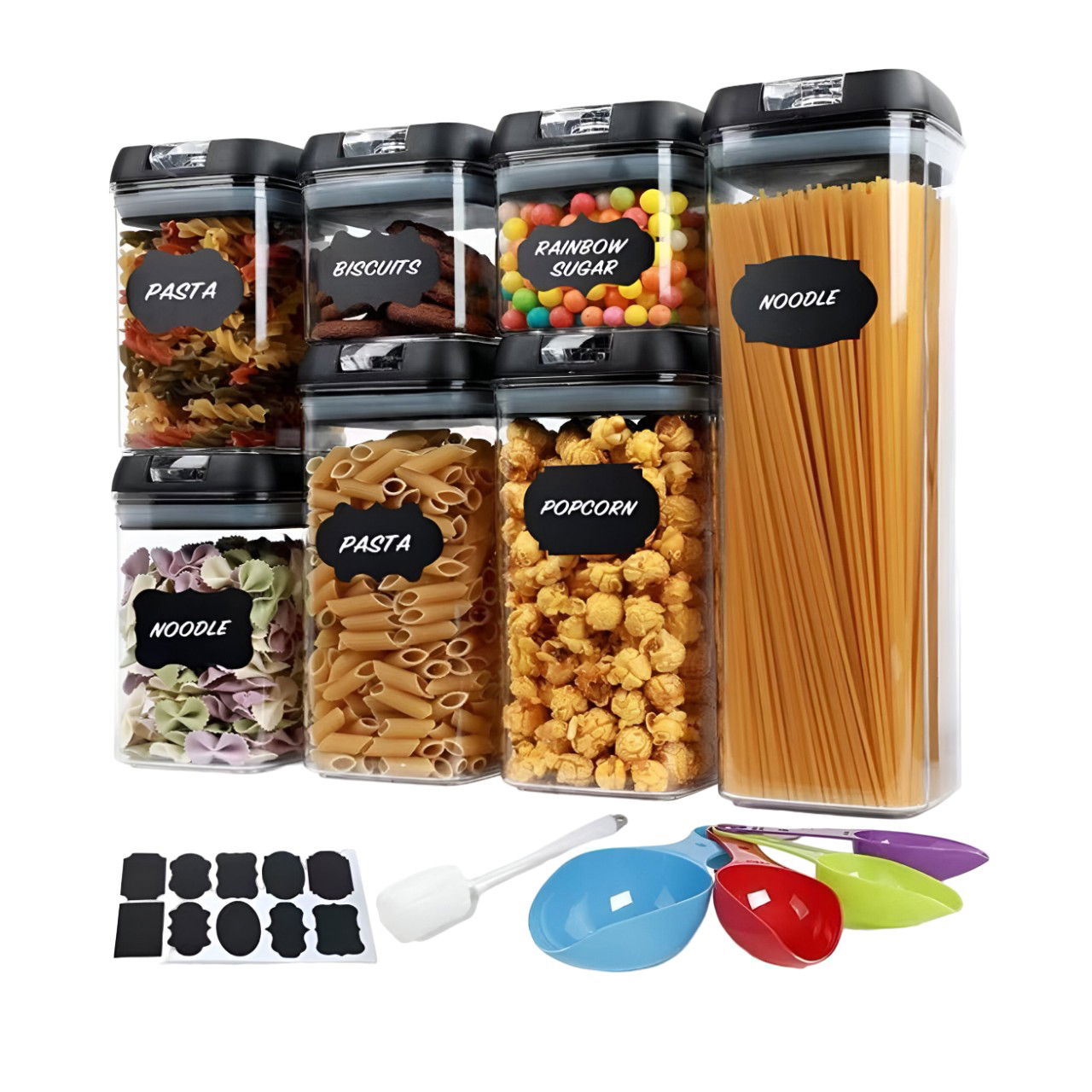 Pentru casa - Set Cutii de Depozitare a Alimentelor, Flippy, 7 Recipiente, 10 Etichete Reutilizabile, 4 Linguri, pentru Bucatarie, Spatula, Etansare, Fara BPA, Transparente, Capac Negru
