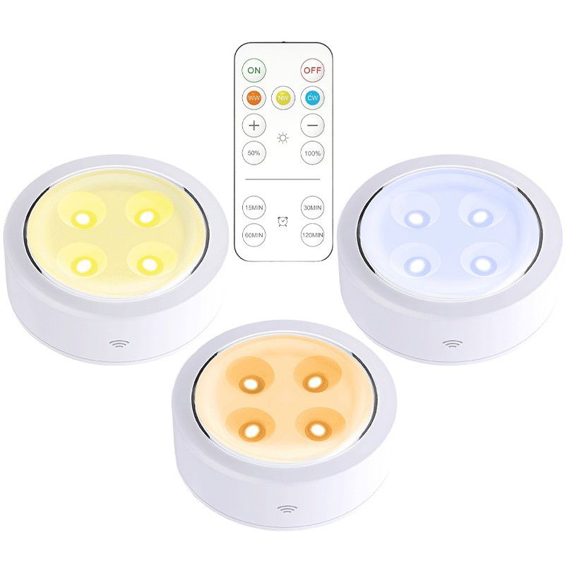 Pentru casa - Set de 3 Lampi Led Flippy, Fara Fir, Cu Baterii, 3 Culori de Lumina, cu Telecomanda, din Plastic, Alb