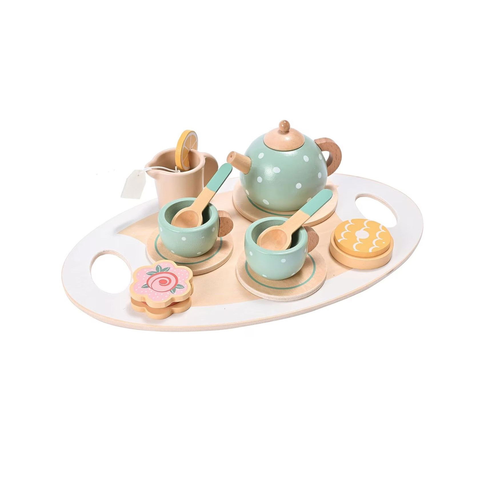 Jucarii din lemn - Set de Ceai Flippy, din Lemn, 15 Piese, Vopsea Ecologica, +36 Luni, Multicolor Pastel