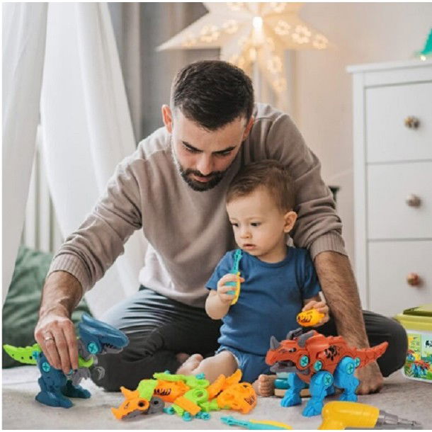 Jucarii Creative - Set de Constructie/Asamblare, Flippy, 4 Dinozauri, cu Bormasina Electrica, Baterii 2 x AA, Surubelnita si Cutie Depozitare, 22.5 x 14.5 x 15 cm, Multicolor