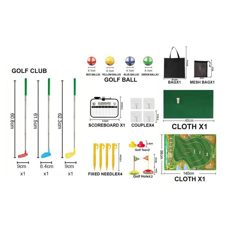 Set de Golf, Flippy, Interactiune Parinte-Copil, Covor de Golf, 140 x 98 cm, 4 Mingii cu Scai, 3 Crose Reglabile, Model B, +3 Ani, Multicolor [3]