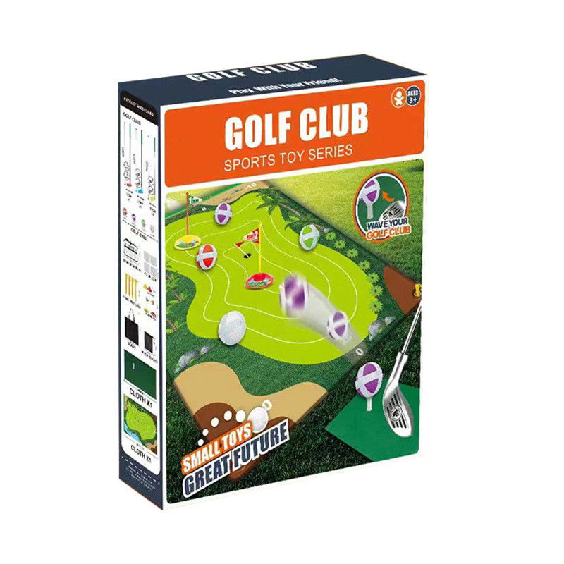 Jucarii interactive - Set de Golf, Flippy, Interactiune Parinte-Copil, Covor de Golf, 140 x 98 cm, 4 Mingii cu Scai, 3 Crose Reglabile, Model B, +3 Ani, Multicolor
