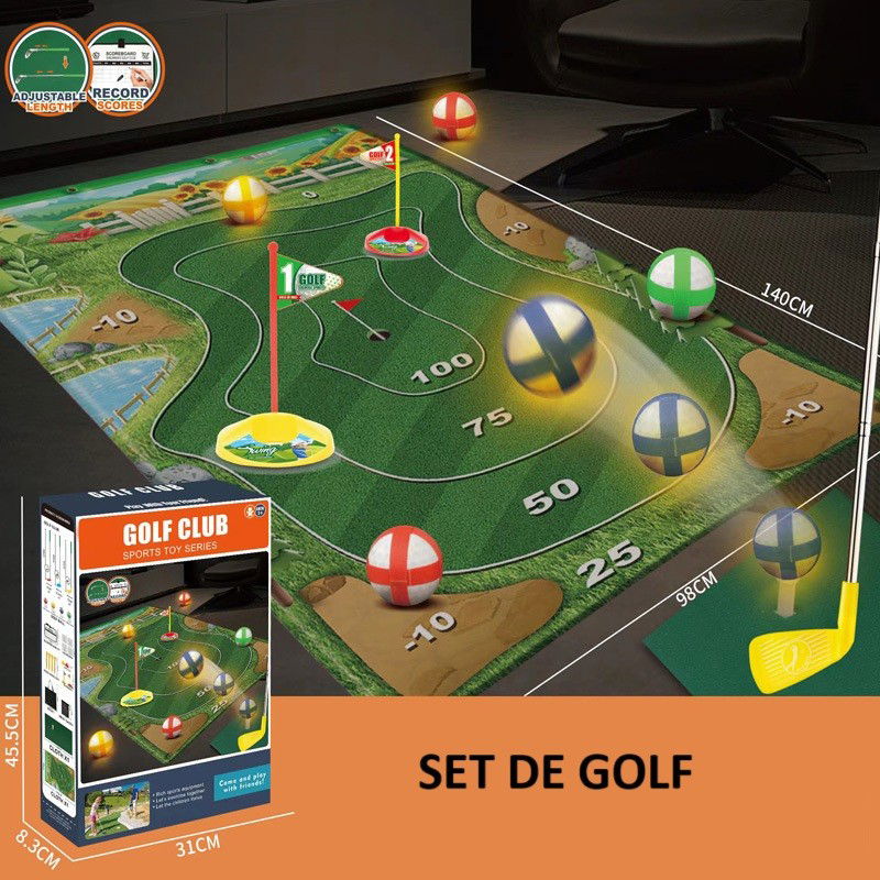 Jucarii interactive - Set de Golf, Flippy, Interactiune Parinte-Copil, Covor de Golf, 140 x 98 cm, 4 Mingii cu Scai, 3 Crose Reglabile, Model A, +3 Ani, Multicolor