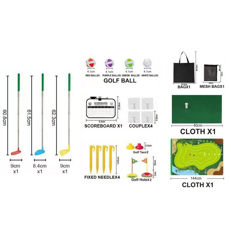 Set de Golf, Flippy, Interactiune Parinte-Copil, Covor de Golf, 140 x 98 cm, 4 Mingii cu Scai, 3 Crose Reglabile, Model C, +3 Ani, Multicolor [3]