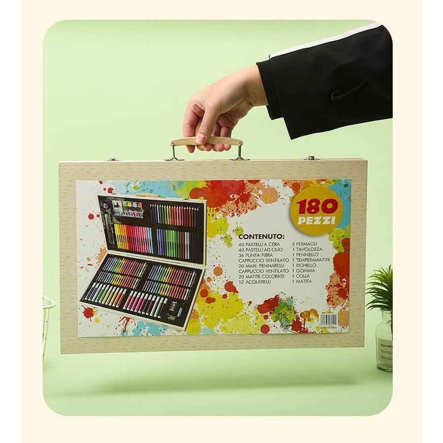 Markere si Set Desen - Set 180 Piese pentru Desen si Pictura, Flippy, Tip Servieta din Lemn, Model Natur, 46 x 30.9 x 4.1 cm, Multicolor