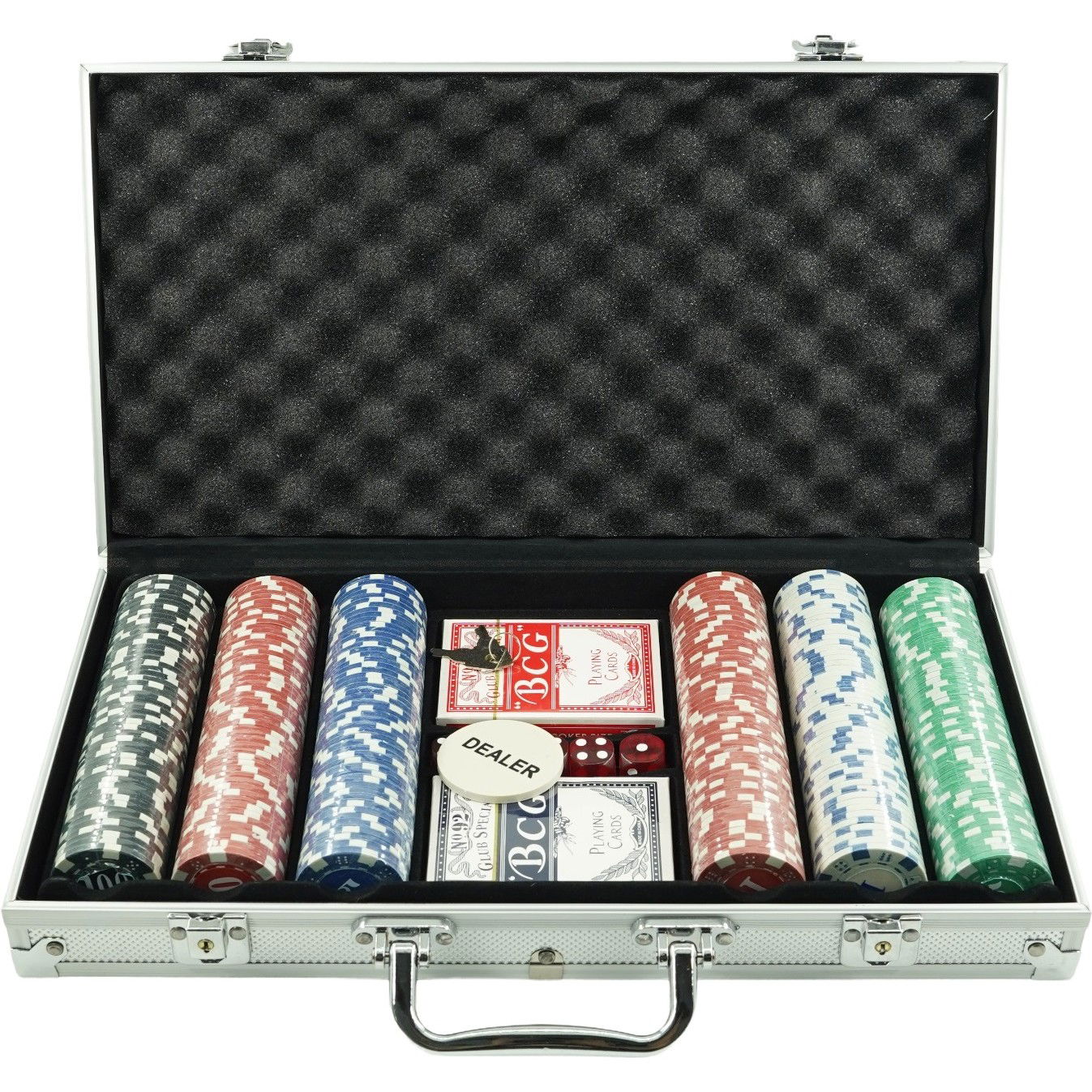 Jocuri de societate - Set de Poker Complex cu 300 de jetoane Flippy, Include 2 seturi de carti, 5 zaruri, Echipat cu servieta de aluminiu cu dimensiunile 39x7x27 cm