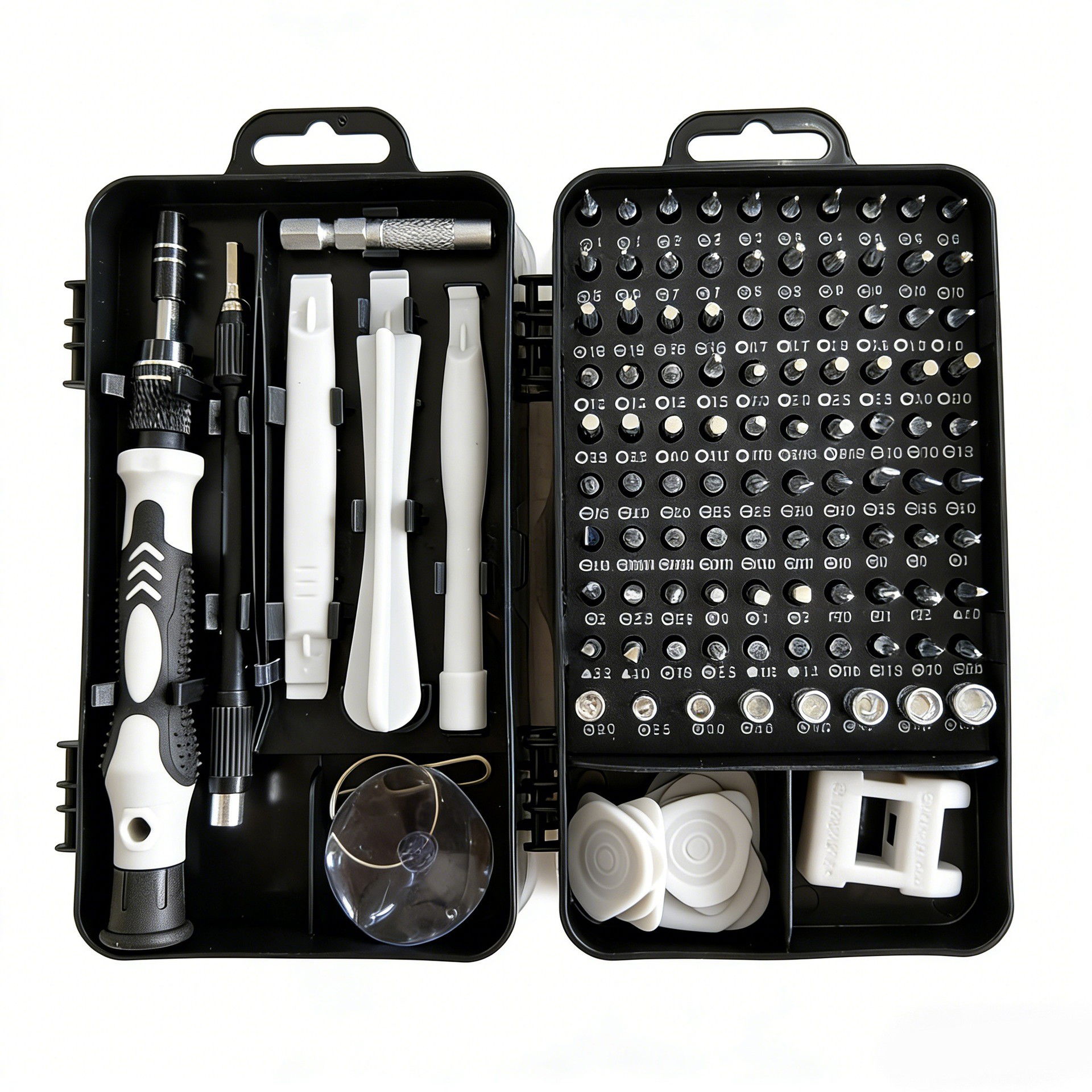 Casa si Bricolaj - Surubelnite pentru Reparea Telefoanelor, Flippy, Set 115-in-1 Cromate, Demontarea Repararea Ceasurilor, Electronicelor Mici, Maner detalii Albe, 18 x 11 x 6 cm, Negru