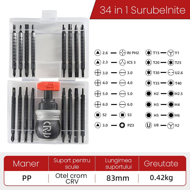 Casa si Bricolaj - Set de Surubelnite 34-in-1 cu Clichet, Flippy, Set de Uz Casnic pentru Repararea Electronicelor Mici, Maner durabil, 12 x 10 x 5 cm, Negru Mat