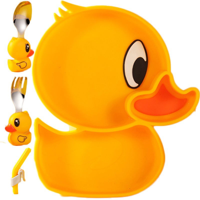 Articole Diverse copii - Set diversificare bebelusi Flippy, din silicon, 20 x 17.5 cm, 1 farfurie compartimentata in forma de rata, lingurita si furculita, pai, perie pai, fara alergeni, ventuza fixare, forma creativa, galben