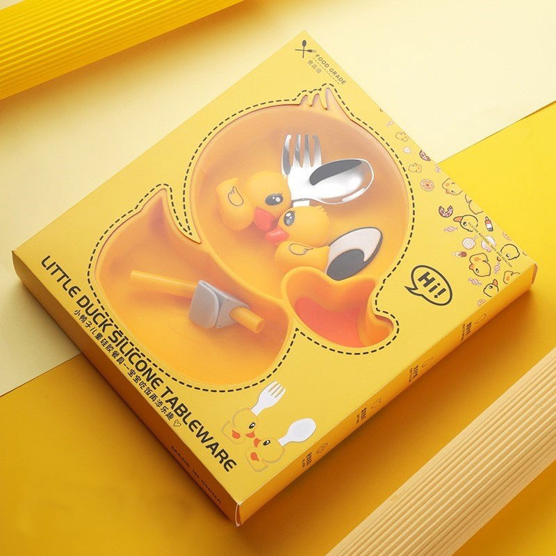 Set diversificare bebelusi Flippy, din silicon, 20 x 17.5 cm, 1 farfurie compartimentata in forma de rata, lingurita si furculita, pai, perie pai, fara alergeni, ventuza fixare, forma creativa, galben [3]