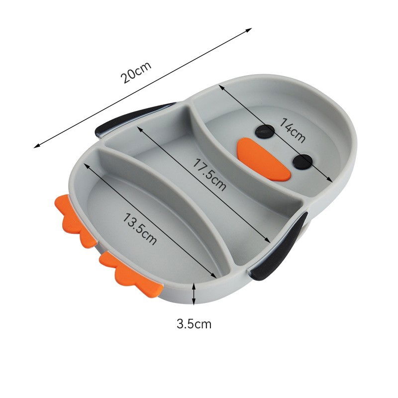 Set diversificare bebelusi Flippy, din silicon, 23.5 x 12.5 cm, 1 farfurie compartimentata in forma de pinguin, lingurita si furculita, pai, perie pai, fara alergeni, ventuza fixare, forma creativa, g [4]