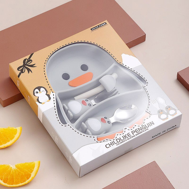 Set diversificare bebelusi Flippy, din silicon, 23.5 x 12.5 cm, 1 farfurie compartimentata in forma de pinguin, lingurita si furculita, pai, perie pai, fara alergeni, ventuza fixare, forma creativa, g [8]