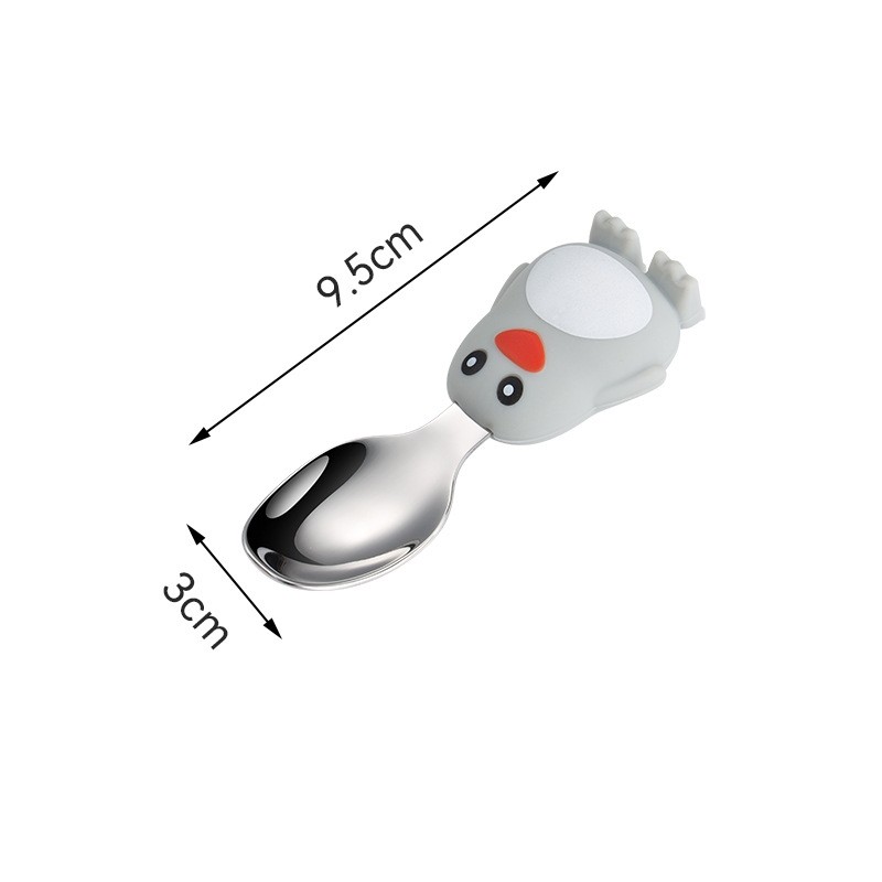 Set diversificare bebelusi Flippy, din silicon, 23.5 x 12.5 cm, 1 farfurie compartimentata in forma de pinguin, lingurita si furculita, pai, perie pai, fara alergeni, ventuza fixare, forma creativa, g [3]