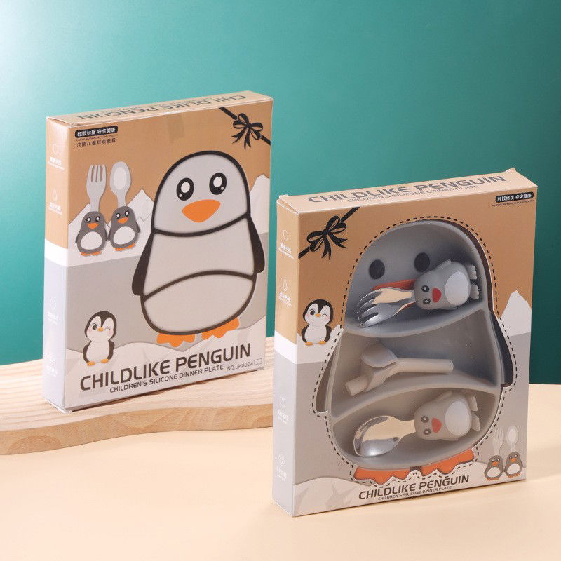 Set diversificare bebelusi Flippy, din silicon, 23.5 x 12.5 cm, 1 farfurie compartimentata in forma de pinguin, lingurita si furculita, pai, perie pai, fara alergeni, ventuza fixare, forma creativa, g [6]