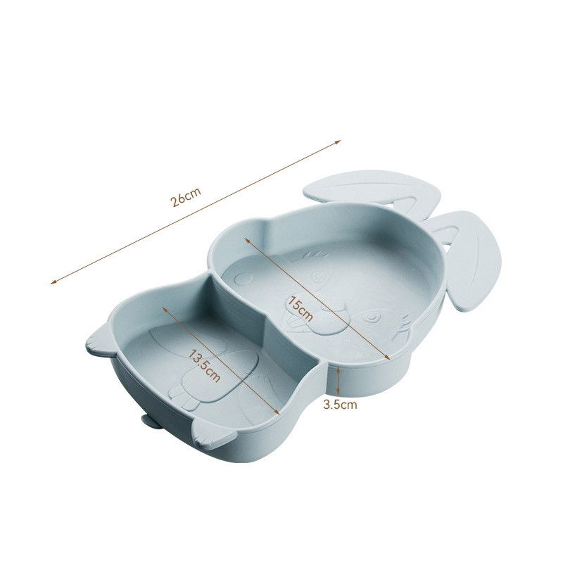 Set diversificare bebelusi Flippy, din silicon, 26 x 15 cm, 1 farfurie compartimentata in forma de iepure, lingurita si furculita, pai, perie pai, fara alergeni, ventuza fixare, forma creativa, bleuma [5]