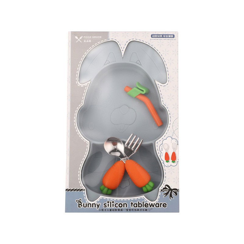 Articole Diverse copii - Set diversificare bebelusi Flippy, din silicon, 26 x 15 cm, 1 farfurie compartimentata in forma de iepure, lingurita si furculita, pai, perie pai, fara alergeni, ventuza fixare, forma creativa, bleuma