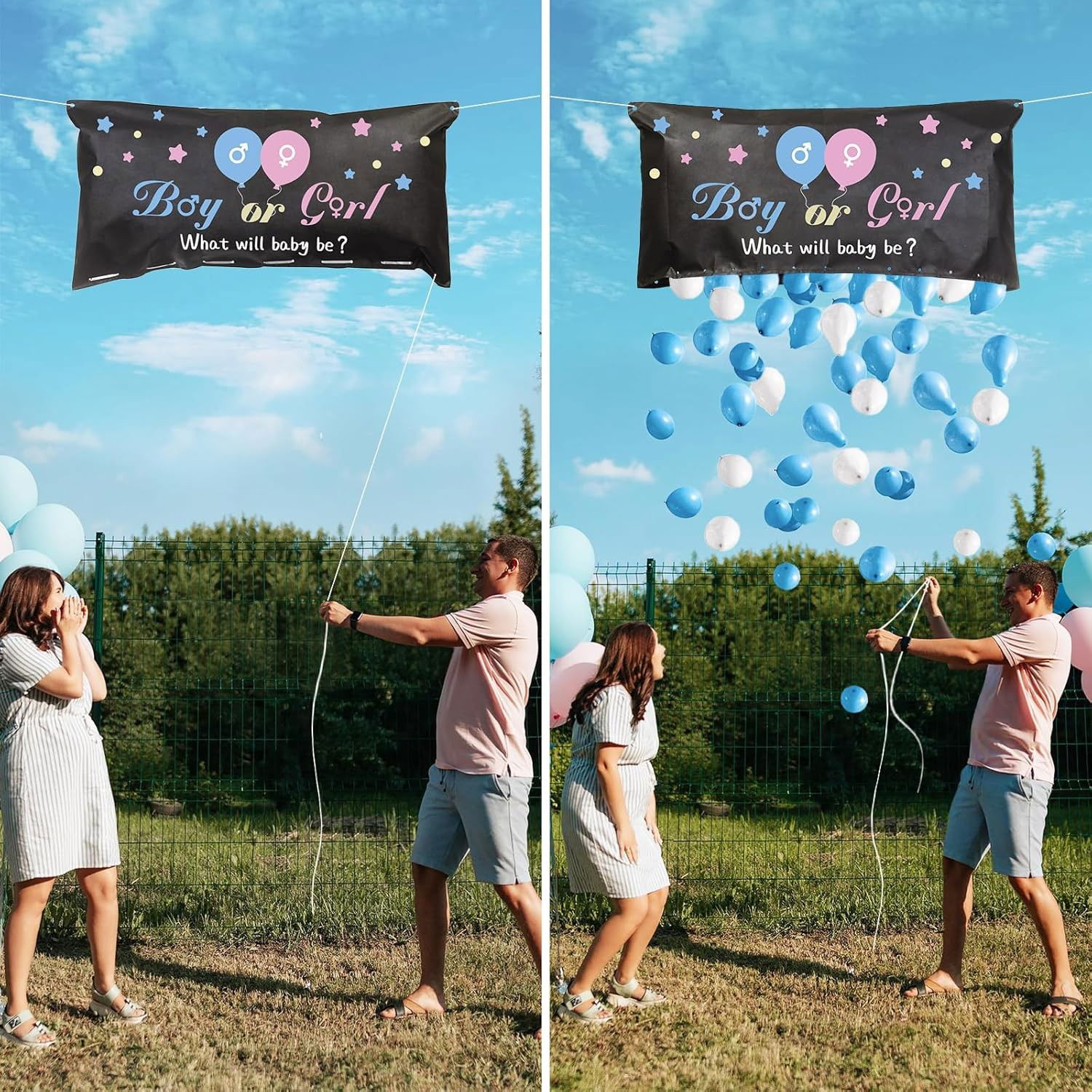 Set Gender Reveal, Flippy, Balloon Drop Bag, din Plastic si Latex, 24 Baloane Roz si Albastru 13 cm, Sac pentru Baloane 60 x 120 cm, Multicolor [4]