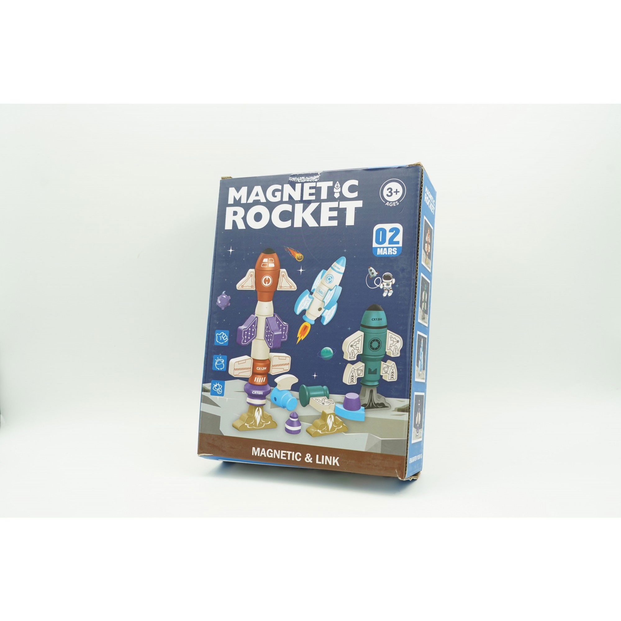 Jucarii educative - Set inteligent de blocuri magnetice pentru copii, 8 piese, cutie depozitare, racheta, albastru