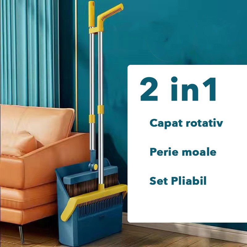Pentru casa - Set Matura si Faras cu Coada Flippy, cu Dinti de Pieptene pentru Curatare Matura, rotativ, pliabil, detasabil, Otel inoxidabil si Polipropilena, 99 x 30 cm Albastru