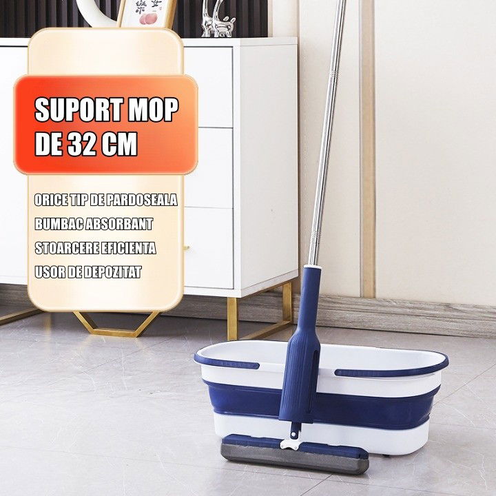 Pentru casa - Set Mop Telescopic cu Galeata Pliabila, Flippy, Albastru, 32 cm, Maner Reglabil 140 cm, Sistem de Stoarcere Eficient