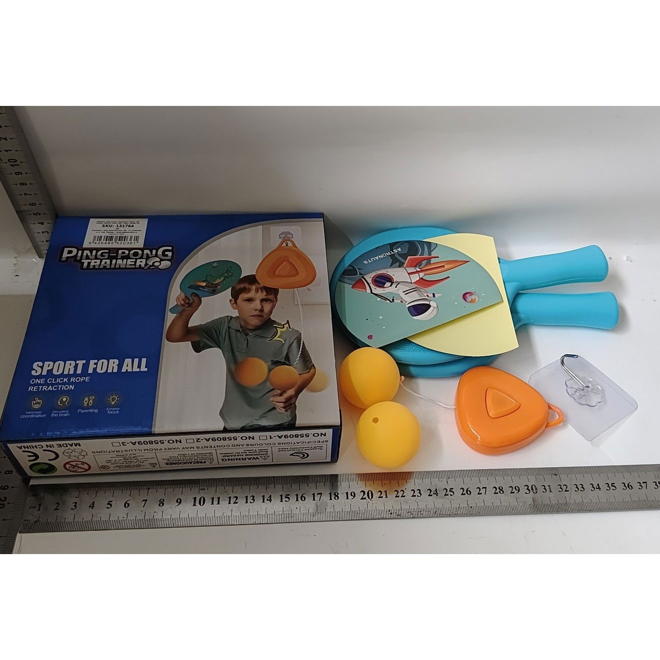 Jucarii si Jocuri - Set Palete pentru Tenis de Masa, Flippy, pentru Copii, Accesoriu de Agatat Inclus, 2 Mingi, Design Animat, Albastru