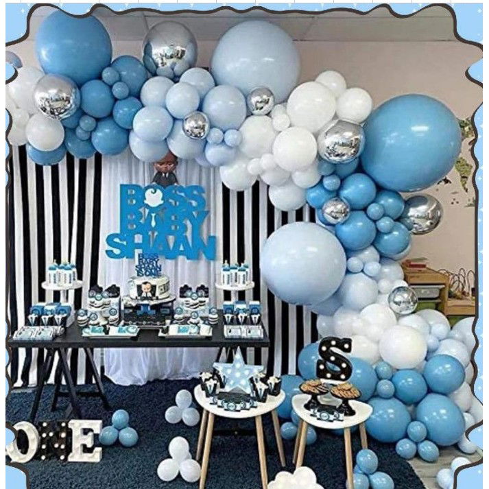 50 - 100 LEI - Baloane decorative Arcada, pentru Baieti, BABY SHOWER, Flippy, Arcada Baby BOSS, Set din 154 baloane, Model Petrecere, Baloane Party, 12 cm, 30 cm, 45 cm, Albastru, Bleu, Alb, Argitiu