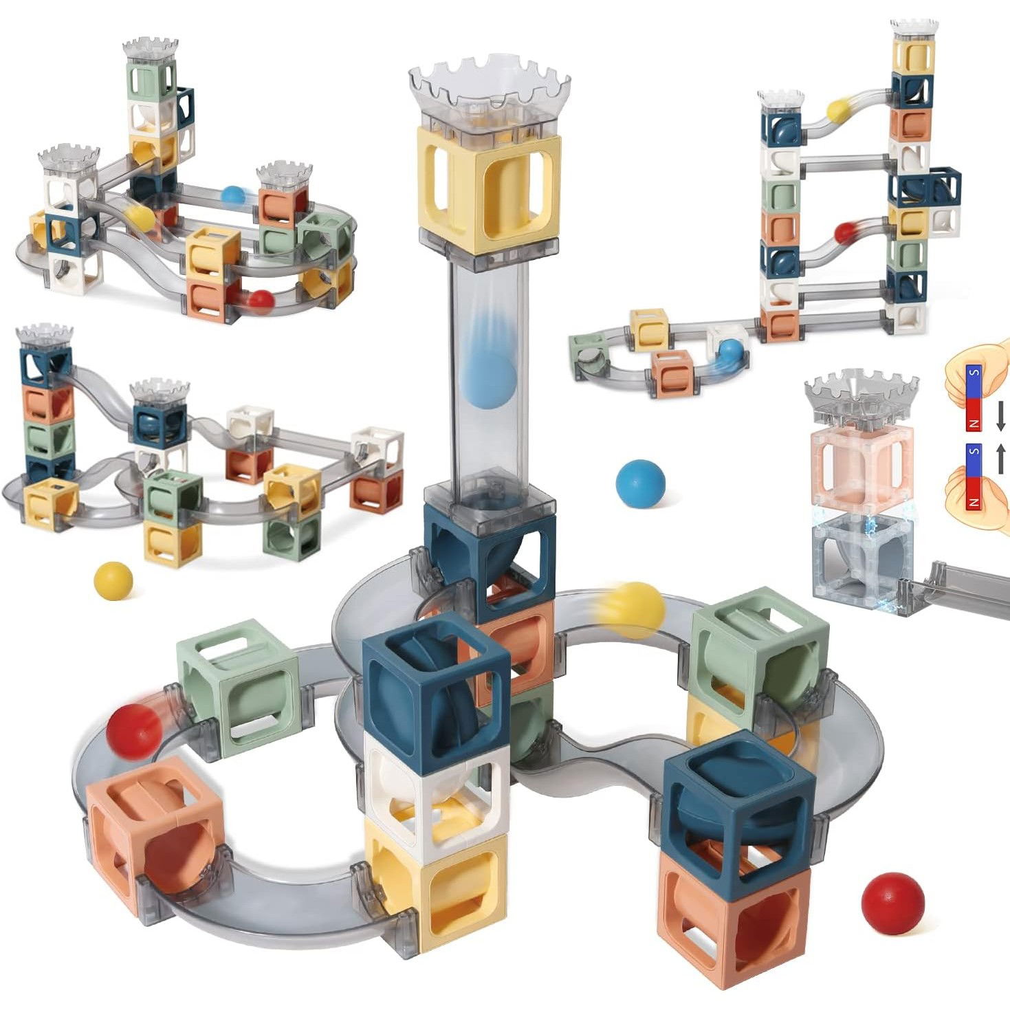 Jucarii si Jocuri - Set piese magnetice de constructie, Flippy, Cu tobogane si bile, 41 piese, Multicolor