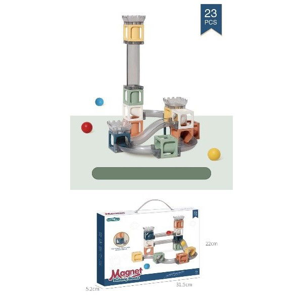 Jucarii si Jocuri - Set piese magnetice de constructie, Flippy, Cu tobogane si bile, 23 piese, Multicolor