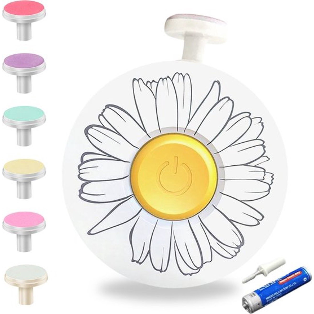 TeoMarket - Set Pila Electrica pentru Copii si Bebelusi, Flippy, ABS, Incarcare USB, Model cu Flori, 6 Accesorii, cu Lumina LED, Alb