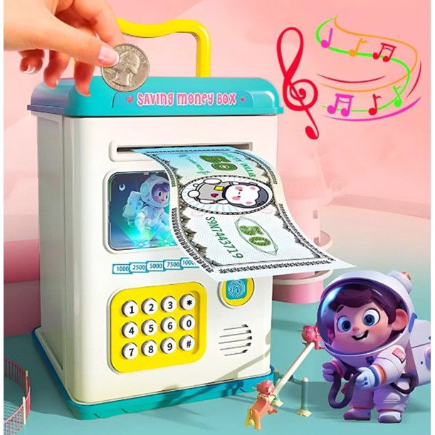 Set Pusculita pentru Copii, Flippy, Tip ATM, Parola cu Amprenta, 13.5 x 11.5 x 20 cm, Albastru [3]