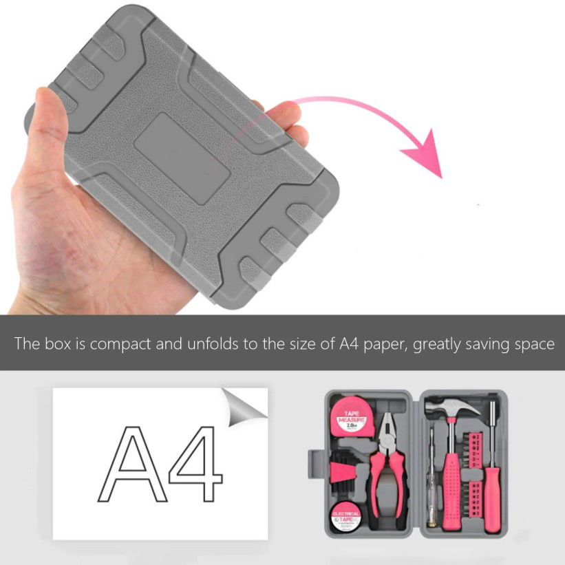Set Scule 24 piese pentru Uz Casnic, Flippy, Instrumente Set in Trusa de Plastic Gri, din Plastic si Metal, 20 x 12.5 x 3 cm, Roz [4]