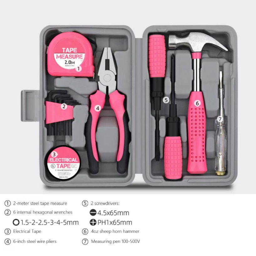 Set Scule 24 piese pentru Uz Casnic, Flippy, Instrumente Set in Trusa de Plastic Gri, din Plastic si Metal, 20 x 12.5 x 3 cm, Roz [6]