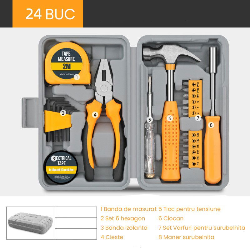 Casa si Bricolaj - Set Scule 24 piese pentru Uz Casnic, Flippy, Instrumente Set in Trusa de Plastic Gri, din Plastic si Metal, 20 x 12.5 x 3 cm, Galben