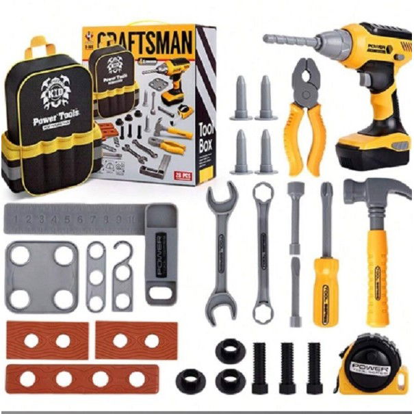 Set Scule de Jucarie pentru Copii, Flippy, Ghiozdan cu Bormasina si Accesorii Incluse, 28 Piese, Material Plastic Durabil, Interactiv, +3 Ani, 30.5x25x11 cm, Negru/Portocaliu [7]