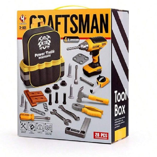 Jucarii si Jocuri - Set Scule de Jucarie pentru Copii, Flippy, Ghiozdan cu Bormasina si Accesorii Incluse, 28 Piese, Material Plastic Durabil, Interactiv, +3 Ani, 30.5x25x11 cm, Negru/Portocaliu