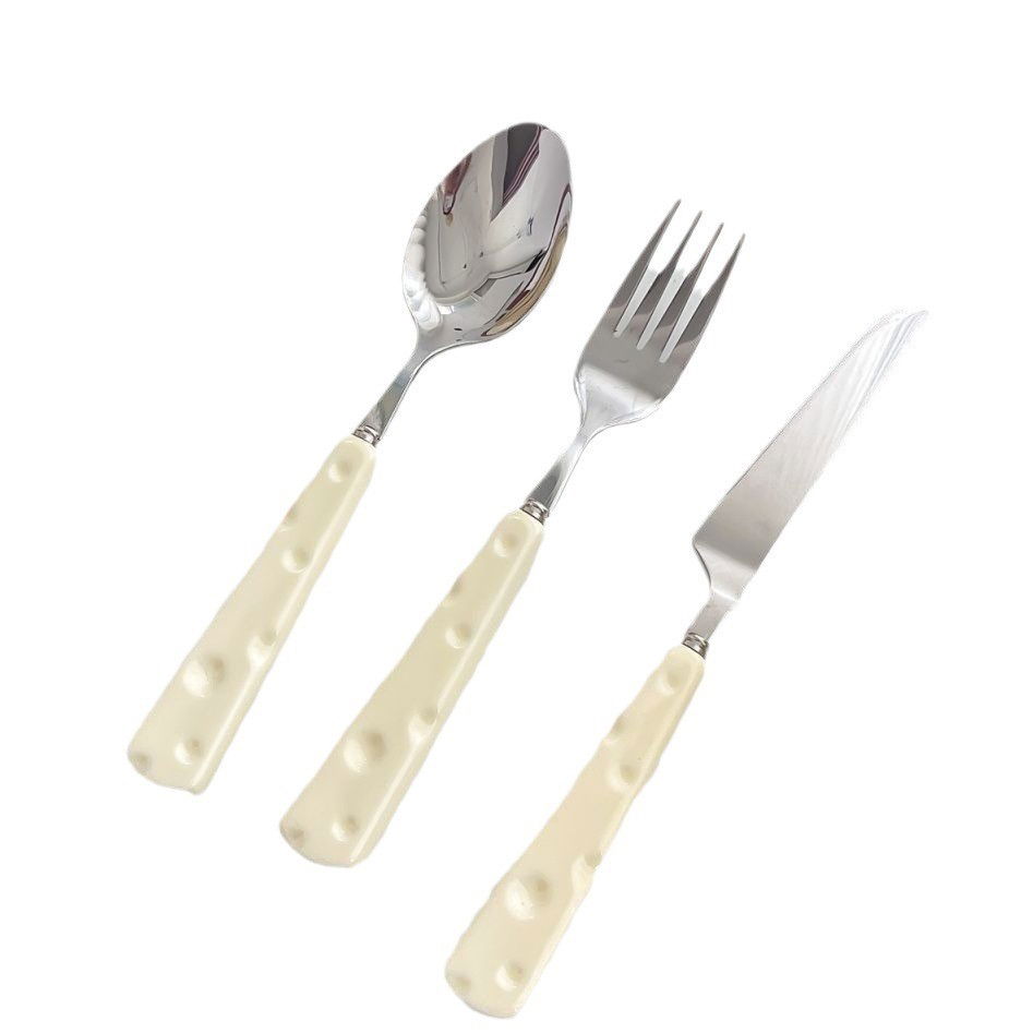 Tacamuri pentru Copii, Flippy, Set 3 Piese, Tacamuri pentru Dejun, Lingura Furculita Cutit, Stil Italian, Manere forma Cascaval Plastic, Inox, 23 cm, Auriu [1]