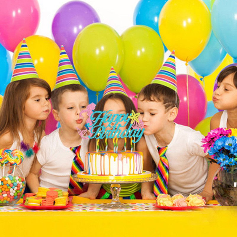 Set Toppere pentru Tort si Prajituri, Flippy, Tematica Sirena, Model Mare Scris Happy Birthday 16.5x8.2 cm, 6 Toppere Mici Model Marin 5x5 cm, Multicolor [5]