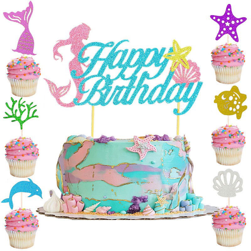 Lumanari si Toppere - Set Toppere pentru Tort si Prajituri, Flippy, Tematica Sirena, Model Mare Scris Happy Birthday 16.5x8.2 cm, 6 Toppere Mici Model Marin 5x5 cm, Multicolor