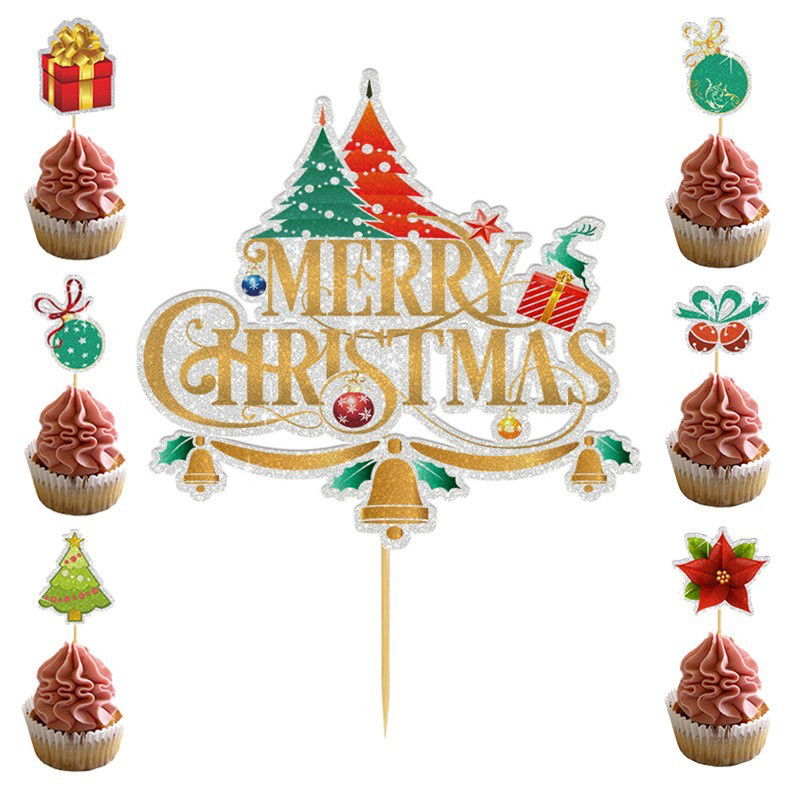 Pentru casa - Set Toppere pentru Tort si Prajituri, Flippy, Tematica Craciun, Model Mare Scris Merry Christmas 15.5x14.3 cm, 6 Toppere Mici Modele Variate 5x5 cm, Multicolor