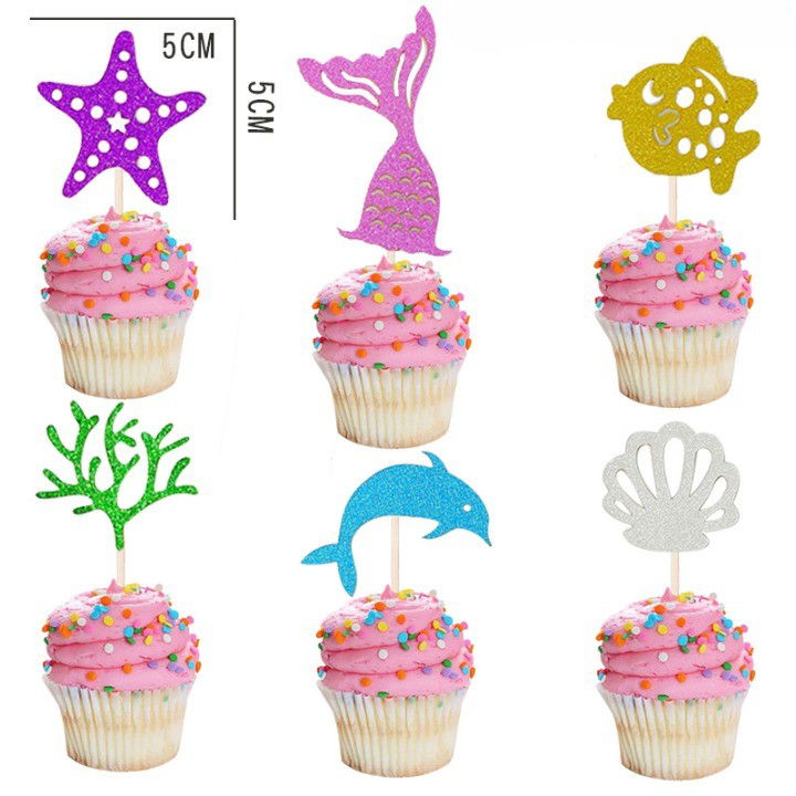 Lumanari si Toppere - Set Toppere pentru Tort si Prajituri, Flippy, Tematica Sirena, Model Mare Scris Happy Birthday 16.5x8.2 cm, 6 Toppere Mici Model Marin 5x5 cm, Multicolor
