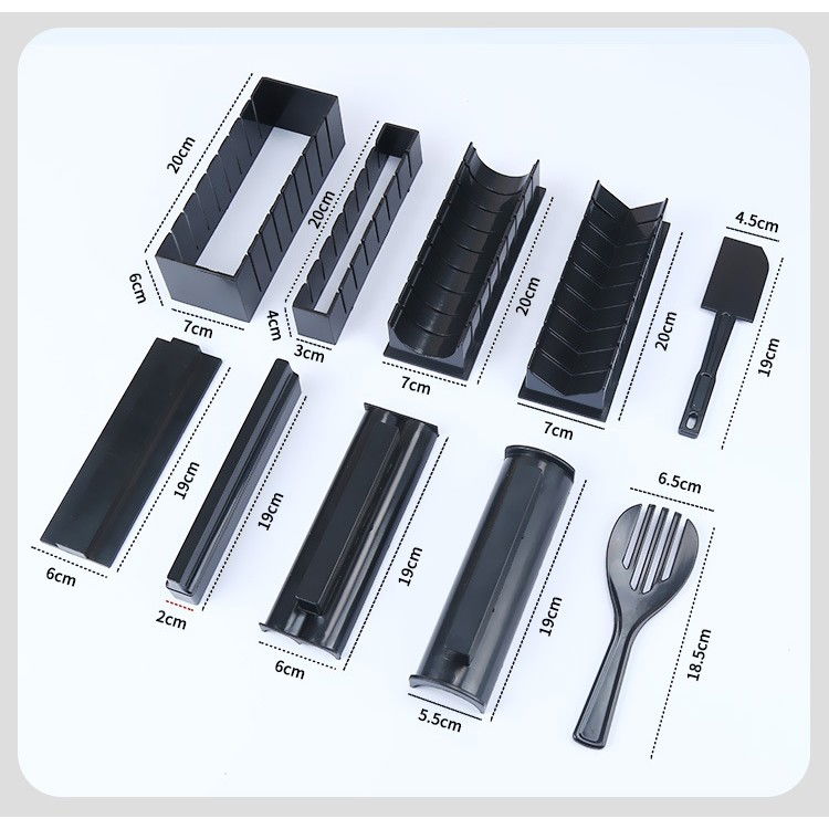 Set ustensile pentru facut sushi Flippy, 10 piese, forma inima inclus, 3 forme clasice, extensibil, finisaj lucios, material ABS, curatare usoara, negru [6]