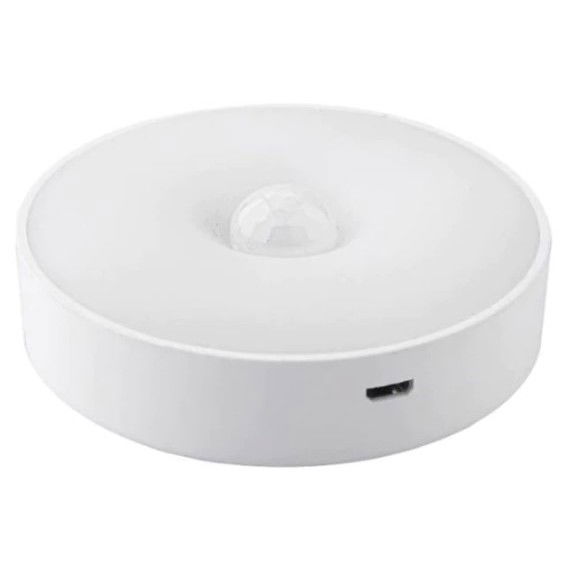 Pentru casa - Lampa de Veghe LED, Flippy, cu Senzor de Miscare, Doua Tipuri de Lumina Alb Rece, Incarcare USB, Intrerupator On/Off/Auto, 0.6W, 300mAh, Design Rotund, Alb, 8.5x2.3 cm