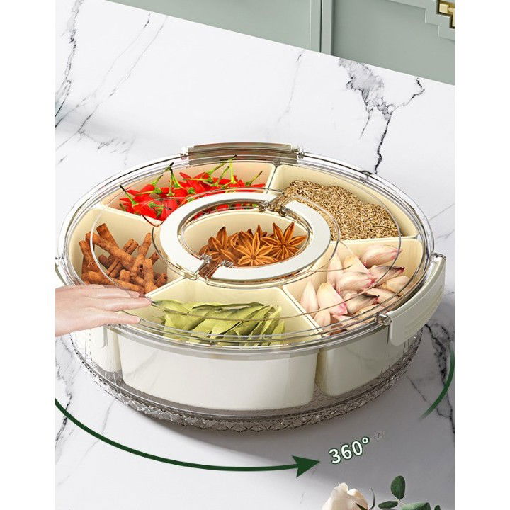 Cutie de Depozitare pentru Alimente, Flippy, cu 6 Compartimente, pentru Condimente, Fructe, Legume, cu Manere de Prindere, Rotativa 360 de Grade, Inchidere Ermetica, 32x8 cm, Alba [4]