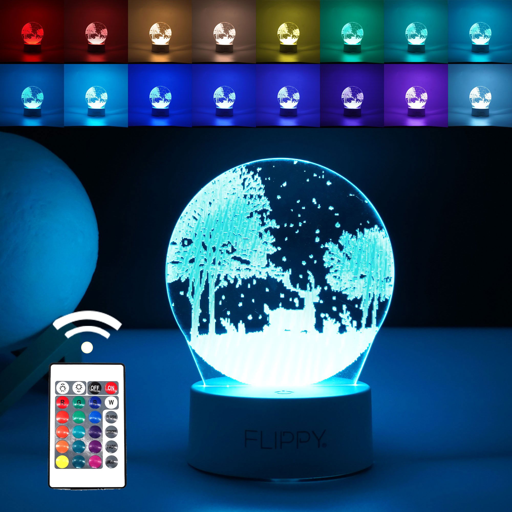 Lampi de veghe - Lampa LED decorativa, Flippy, 3D, Peisaj de iarna, cu telecomanda, doua moduri de alimentare USB si baterii, 20 cm inaltime, din material acril si lumina multicolora, alb