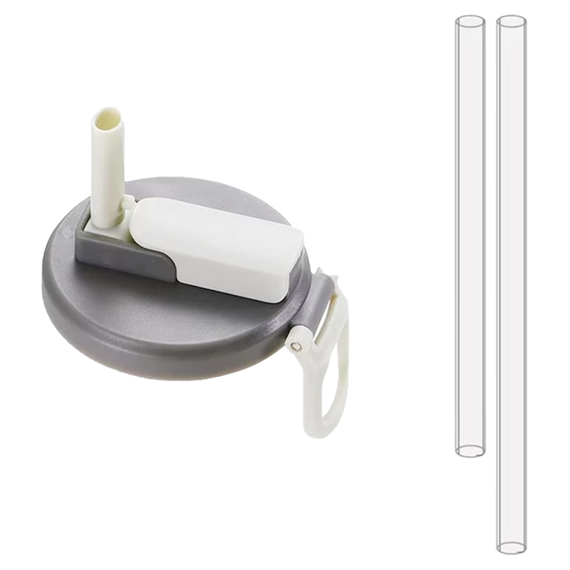 Import - Capac Anti Varsare pentru Doze, Flippy, Model cu Pai Transparent, Reutilizabil, din Plastic, cu Maner Transportabil, 5.4 cm, Gri